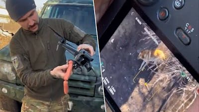 Oekraïense soldaten voederen hond met drone